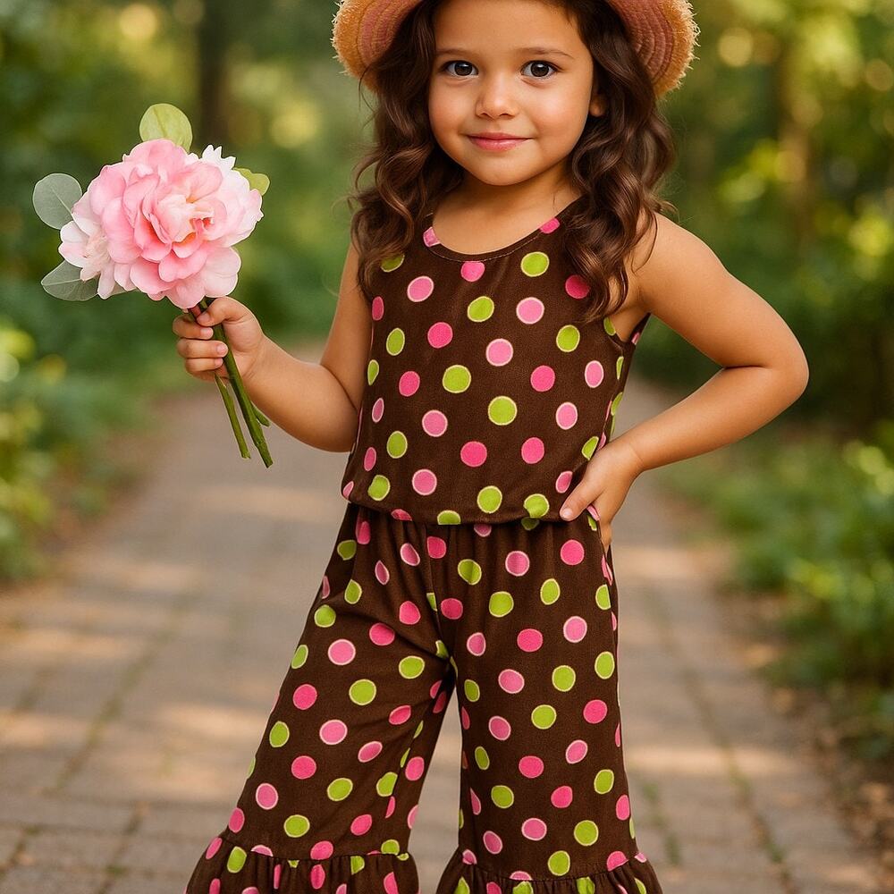 Just Ducky Girls Pants Size 4 Minky Brown Green Pink Polka Dot Ruffle Ruffles‎